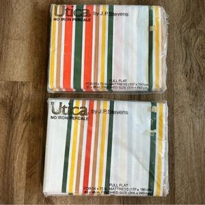 Vtg Utica FULL SIZE FLAT SHEET Lot 2 Percale No Iron Striped Orange Green Fabric